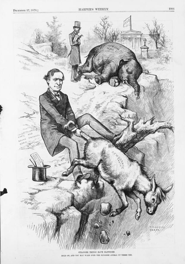 Thomas Nast dead elephant and Donkey over cliff